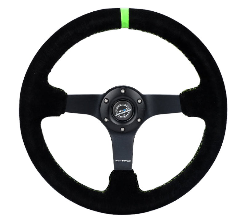 NRG Reinforced Steering Wheel 350mm/3in. Deep Blk Suede/ Neon Green Stitch w/5mm Matte Black Spoke - Blais Performance Parts