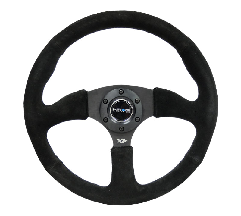 NRG Reinforced Steering Wheel (350mm / 2.5in. Deep) Blk Suede Comfort Grip w/5mm Matte Blk Spokes - Blais Performance Parts