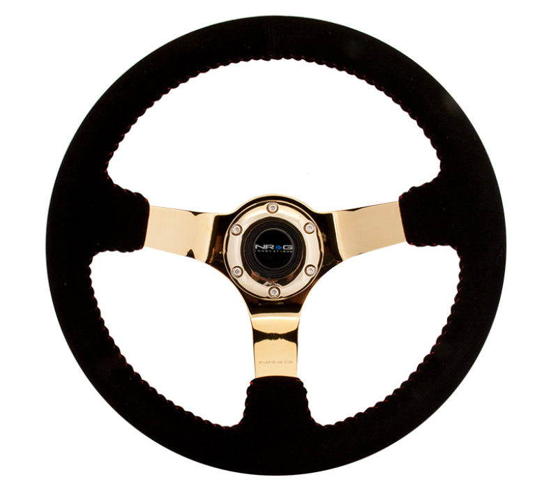 NRG Reinforced Steering Wheel (350mm / 3in. Deep) Blk Suede w/Red BBall Stitch & Chrome Gold 3-Spoke - Blais Performance Parts