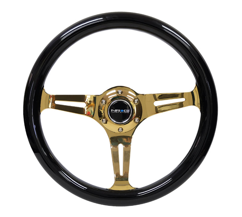 NRG Classic Wood Grain Steering Wheel (350mm) Black Grip w/Chrome Gold 3-Spoke Center - Blais Performance Parts