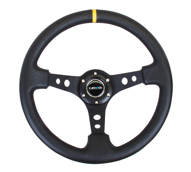 NRG Reinforced Steering Wheel (350mm / 3in. Deep) Blk Leather w/Blk Cutout Spoke/Yellow Center Mark - Blais Performance Parts