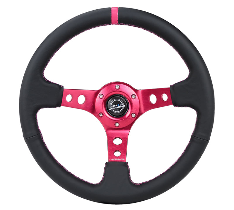 NRG Reinforced Steering Wheel (350mm/3in. Deep) Black Leather/ Fushia Center Mark/ Fushia Stitching - Blais Performance Parts