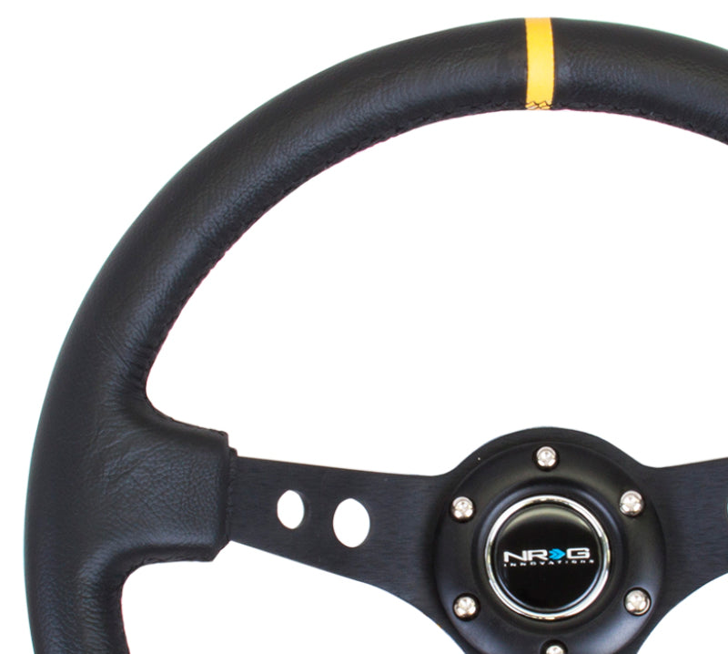 NRG Reinforced Steering Wheel (350mm / 3in. Deep) Blk Leather w/Blk Cutout Spoke/Yellow Center Mark - Blais Performance Parts