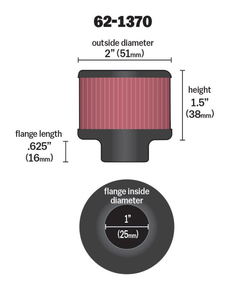 K&N 1in Flange ID x 2in OD x 1.5 inch H Rubber Base Crankcase Vent Filter - Blais Performance Parts