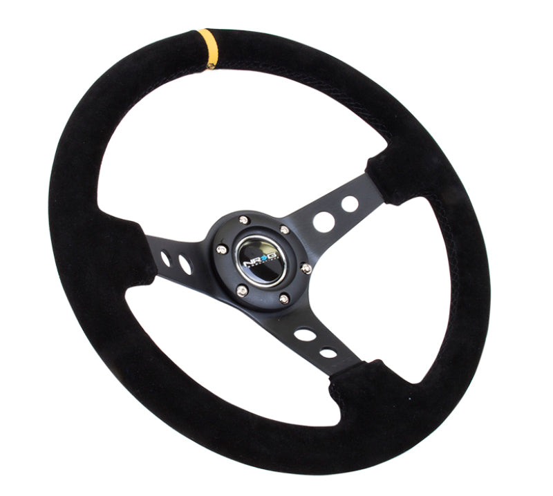 NRG Reinforced Steering Wheel (350mm / 3in. Deep) Blk Suede w/Circle Cut Spokes & Single Yellow CM - Blais Performance Parts