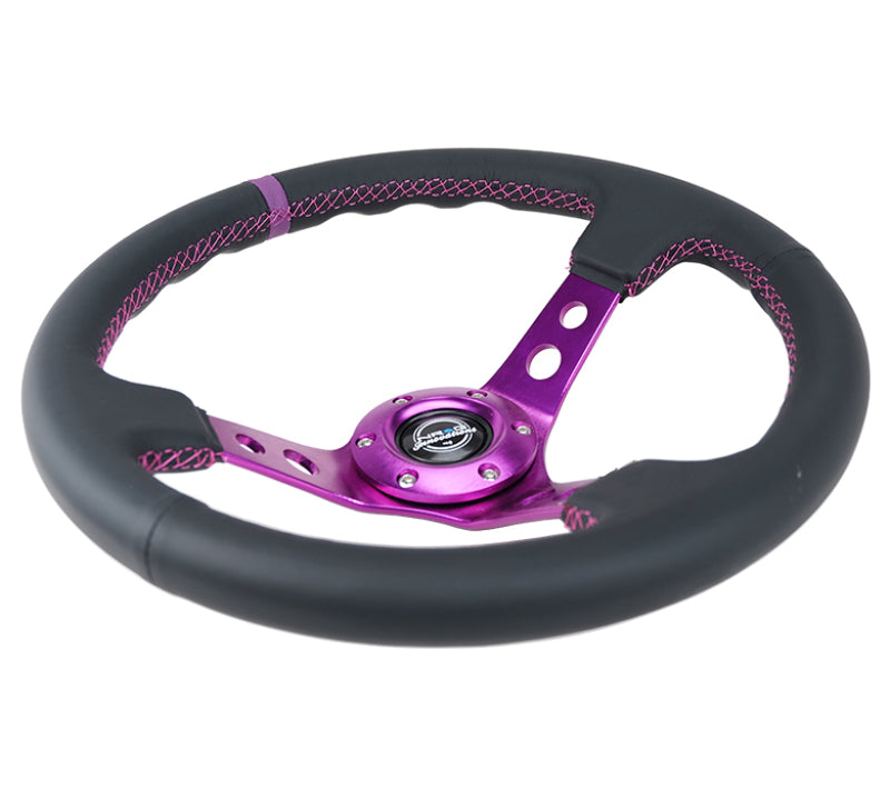 NRG Reinforced Steering Wheel (350mm / 3in. Deep) Black Leather w/Purple Center & Purple Stitching - Blais Performance Parts