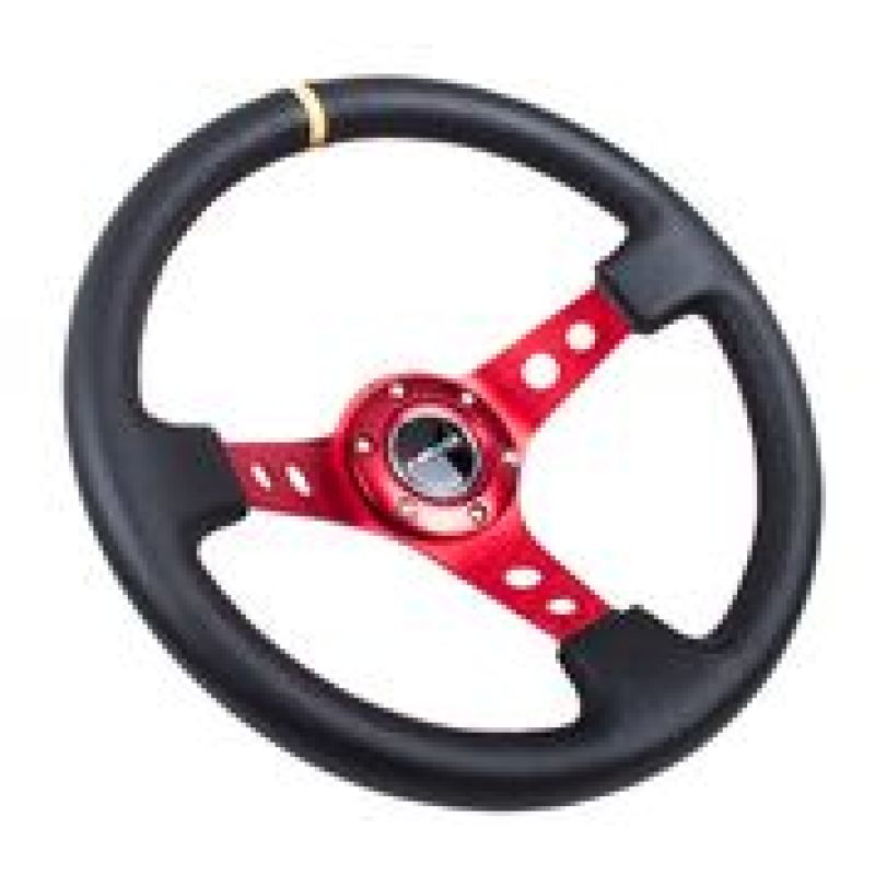 NRG Reinforced Steering Wheel (350mm / 3in. Deep) Blk Leather w/Red Spokes & Sgl Yellow Center Mark - Blais Performance Parts