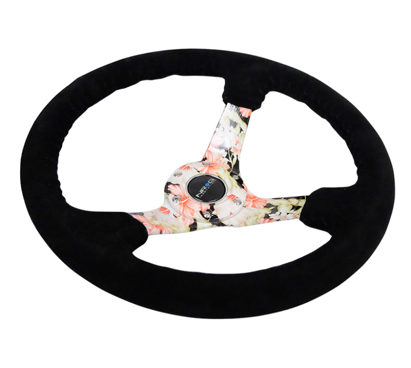 NRG Reinforced Steering Wheel (350mm / 3in. Deep) Blk Suede Floral Dipped w/ Blk Baseball Stitch - Blais Performance Parts