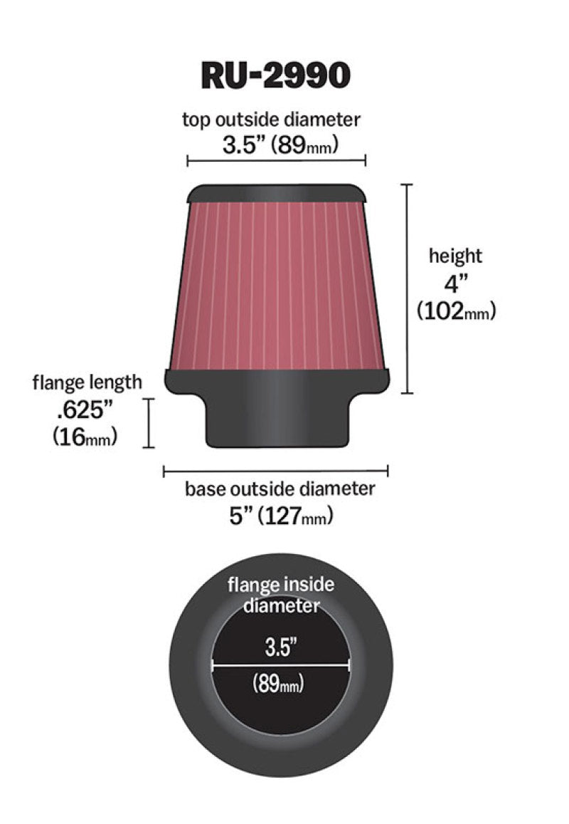 K&N Filter Universal Rubber Filter 3 1/2 inch Flange 5 inch Base 3 1/2 inch Top 4 inch Height - Blais Performance Parts