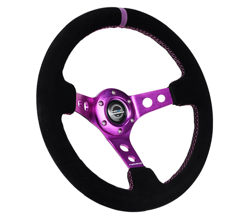 NRG Reinforced Steering Wheel (350mm / 3in. Deep) Black Suede w/Purple Center & Purple Stitching - Blais Performance Parts