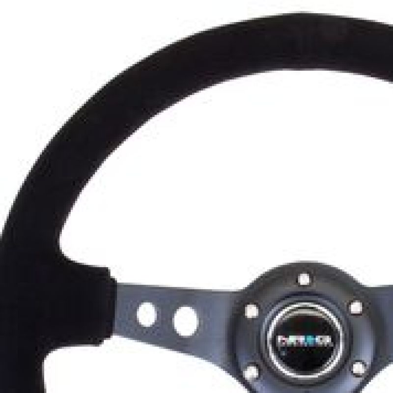 NRG Reinforced Steering Wheel (350mm / 3in. Deep) Blk Suede/Blk Stitch w/Black Circle Cutout Spokes - Blais Performance Parts