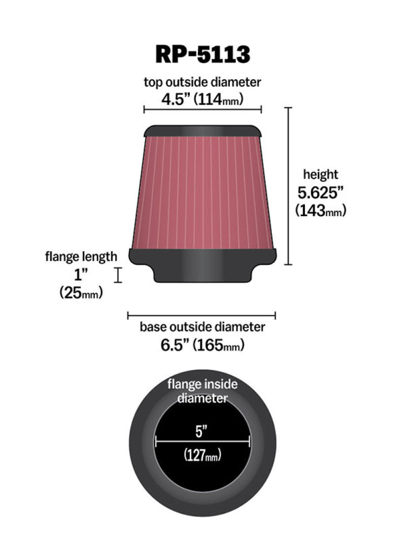 K&N Cone Filter 5in ID 6.5in base 4.5in top 5.625in height carbon fiber look - Blais Performance Parts