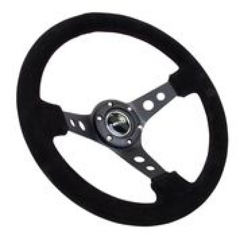 NRG Reinforced Steering Wheel (350mm / 3in. Deep) Blk Suede/Blk Stitch w/Black Circle Cutout Spokes - Blais Performance Parts