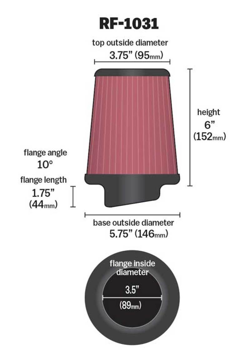 K&N Round Tapered Universal Air Filter 3.5in Flange ID / 5.75in Base OD / 3.75in Top OD / 6in H - Blais Performance Parts