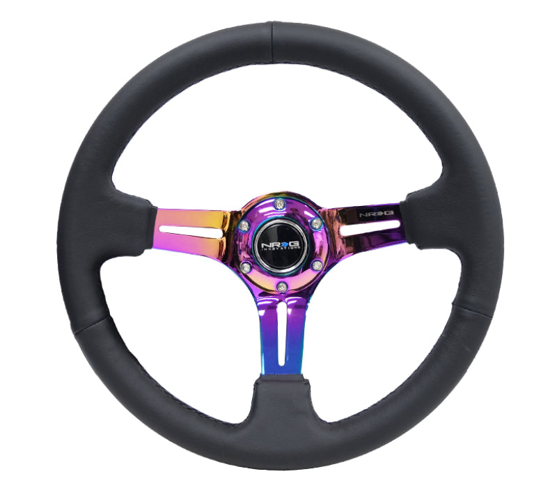 NRG Reinforced Steering Wheel (350mm / 3in. Deep) Blk Leather/Blk Stitch w/Neochrome Slits - Blais Performance Parts