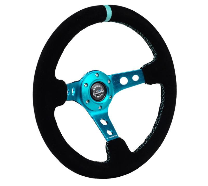 NRG Reinforced Steering Wheel (350mm/ 3in. Deep) Black Suede/ Teal Center Mark/ Teal Stitching - Blais Performance Parts