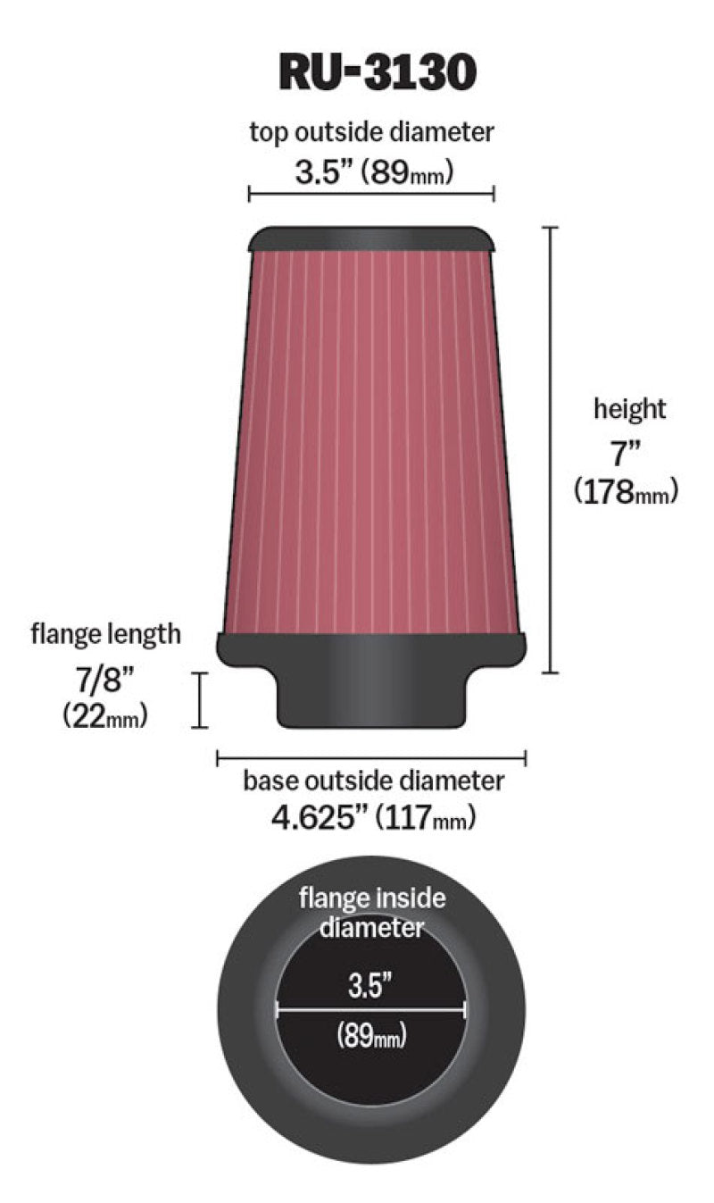 K&N Filter Universal Rubber Filter 3 1/2 inch Flange 4 5/8 inch Base 3 1/2 inch Top 7 inch Height - Blais Performance Parts