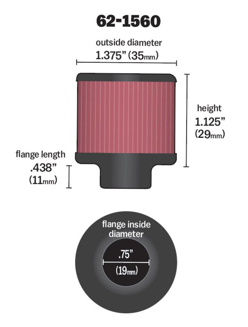 K&N 0.75 inch ID 1.375 inch OD 1.125 inch H Clamp On Crankcase Vent Filter - Blais Performance Parts