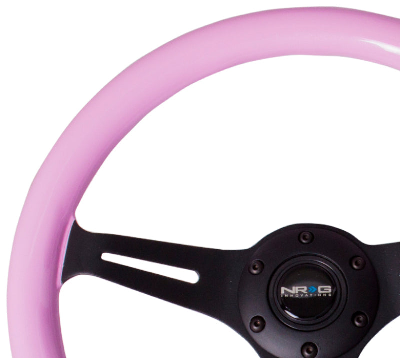 NRG Classic Wood Grain Steering Wheel (350mm) Solid Pink Painted Grip w/Black 3-Spoke Center - Blais Performance Parts