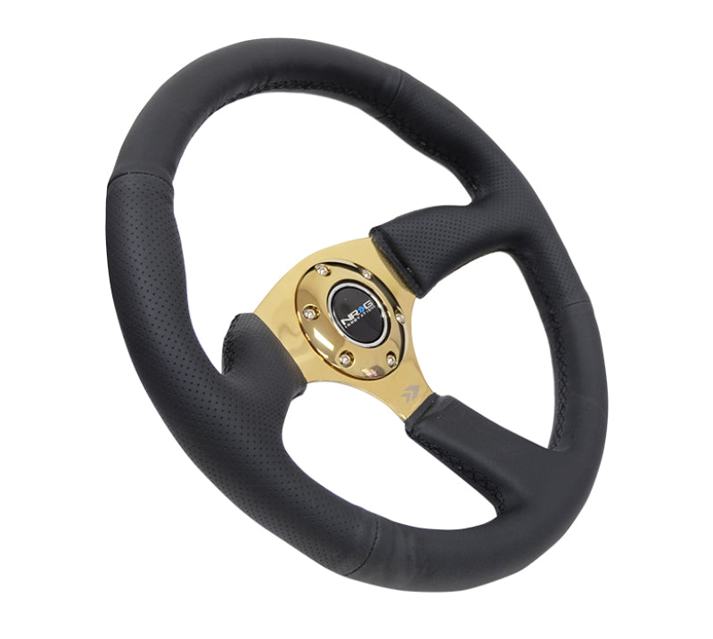 NRG Reinforced Steering Wheel (350mm / 2.5in. Deep) Leather Race Comfort Grip w/4mm Gold Spokes - Blais Performance Parts