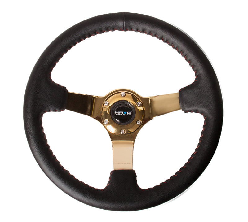 NRG Reinforced Steering Wheel (350mm / 3in. Deep) Blk Leather/Red BBall Stitch w/4mm Gold Spokes - Blais Performance Parts