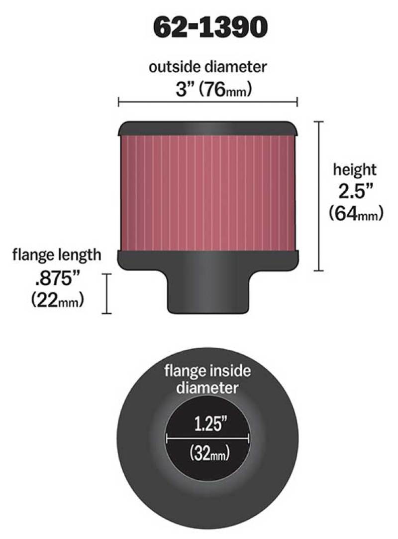 K&N 1.25in Flange ID x 3in OD x 2.5in H Rubber Base Crankcase Vent Filter - Blais Performance Parts