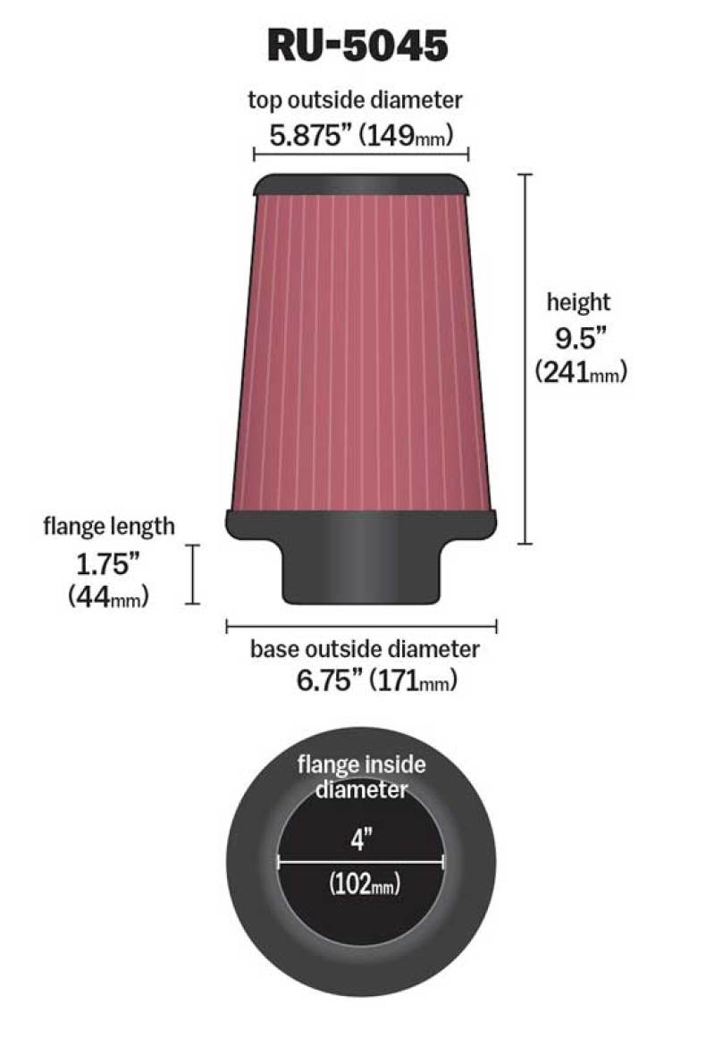 K&N Filter 4 inch Flange 6 3/4 inch OD Base 5 7/8 inch OD Top 9 1/2 inch Height - Blais Performance Parts