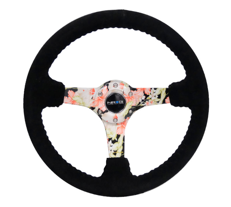 NRG Reinforced Steering Wheel (350mm / 3in. Deep) Blk Suede Floral Dipped w/ Blk Baseball Stitch - Blais Performance Parts