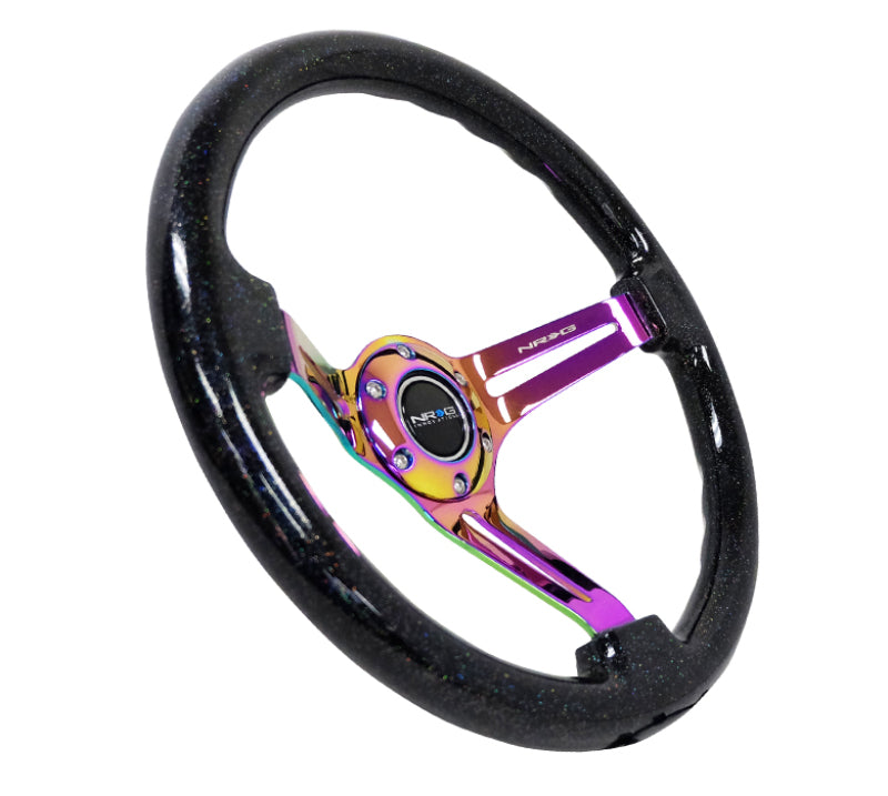 NRG Reinforced Steering Wheel (350mm / 3in. Deep) Blk Multi Color Flake w/ Neochrome Center Mark - Blais Performance Parts