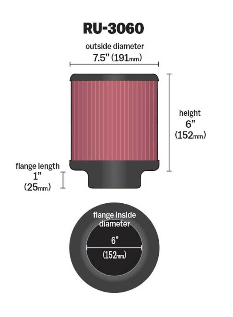 K&N Universal Rubber Filter 6in FLange ID / 7.5in OD / 6in Height / Round Straight - Blais Performance Parts