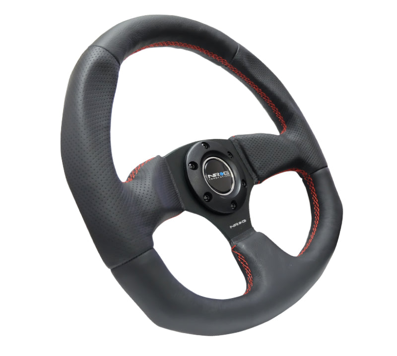 NRG Reinforced Steering Wheel (320mm Horizontal / 330mm Vertical) Leather w/Red Stitching - Blais Performance Parts