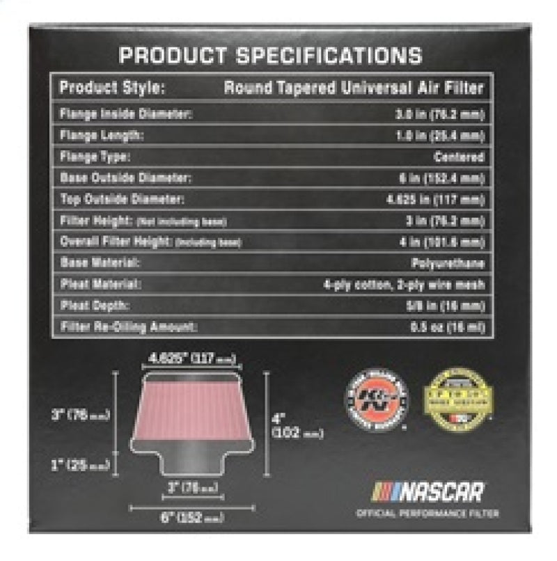 K&N Universal Round Clamp-On Air Filter 3in Flange ID x 6in Base OD x 4.625in Top OD x 3in Height - Blais Performance Parts