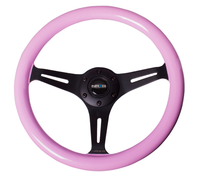 NRG Classic Wood Grain Steering Wheel (350mm) Solid Pink Painted Grip w/Black 3-Spoke Center - Blais Performance Parts