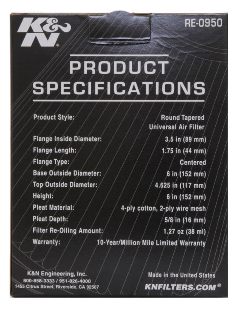 K&N Universal Rubber Filter 3 1/2inch ID FLG / 6inch Base / 4-5/8inch Top / 6inch Height - Blais Performance Parts