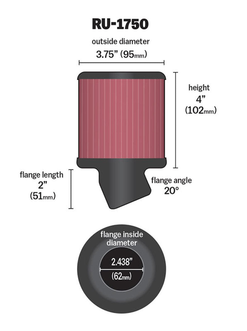 K&N Filter Universal Rubber Round Straight Filter 20 Deg Angled 2-7/16in Flange 3-3/4in OD 4in H - Blais Performance Parts