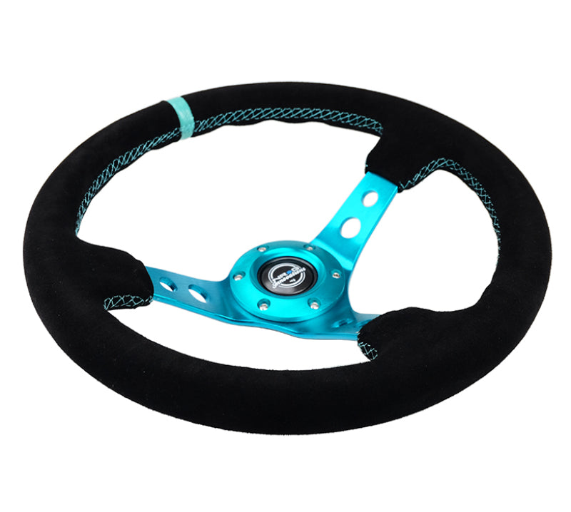 NRG Reinforced Steering Wheel (350mm/ 3in. Deep) Black Suede/ Teal Center Mark/ Teal Stitching - Blais Performance Parts