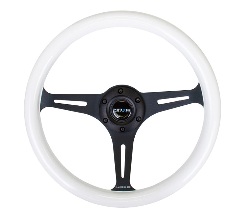 NRG Classic Wood Grain Steering Wheel (350mm) Glow-N-The-Dark Green Grip w/Black 3-Spoke Center - Blais Performance Parts