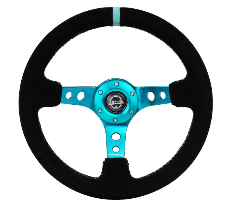 NRG Reinforced Steering Wheel (350mm/ 3in. Deep) Black Suede/ Teal Center Mark/ Teal Stitching - Blais Performance Parts