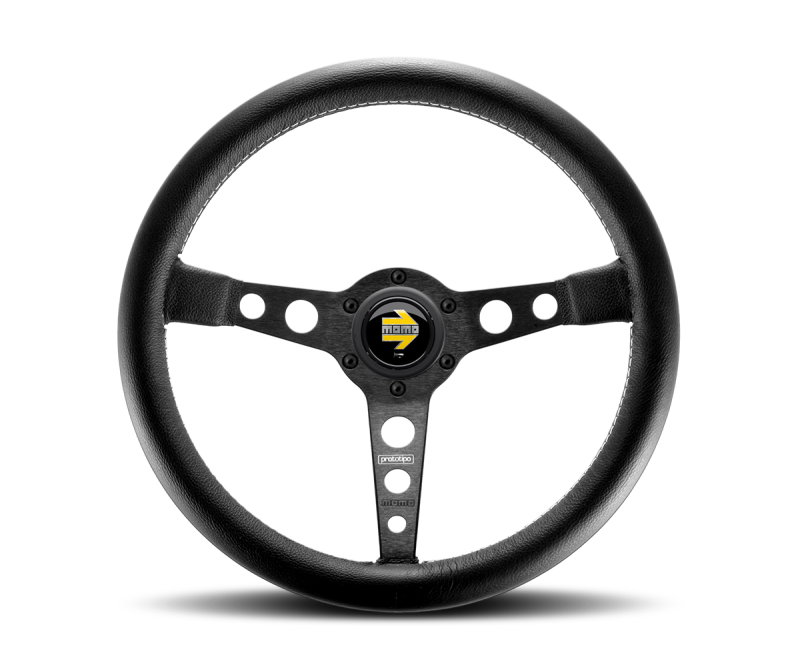 Momo Prototipo Steering Wheel 350 mm - Black Leather/Wht Stitch/Black Spokes - Blais Performance Parts