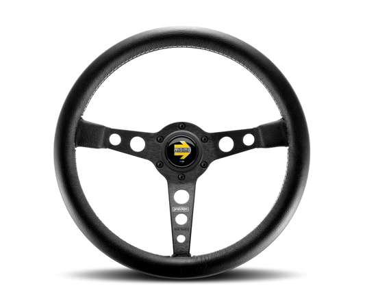 Momo Prototipo Steering Wheel 350 mm - Black Leather/Wht Stitch/Black Spokes - Blais Performance Parts