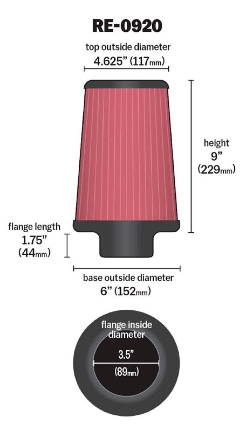 K&N Universal Rubber Filter 3 1/2inch ID FLG / 6inch Base / 4-5/8inch Top / 9inch Height - Blais Performance Parts