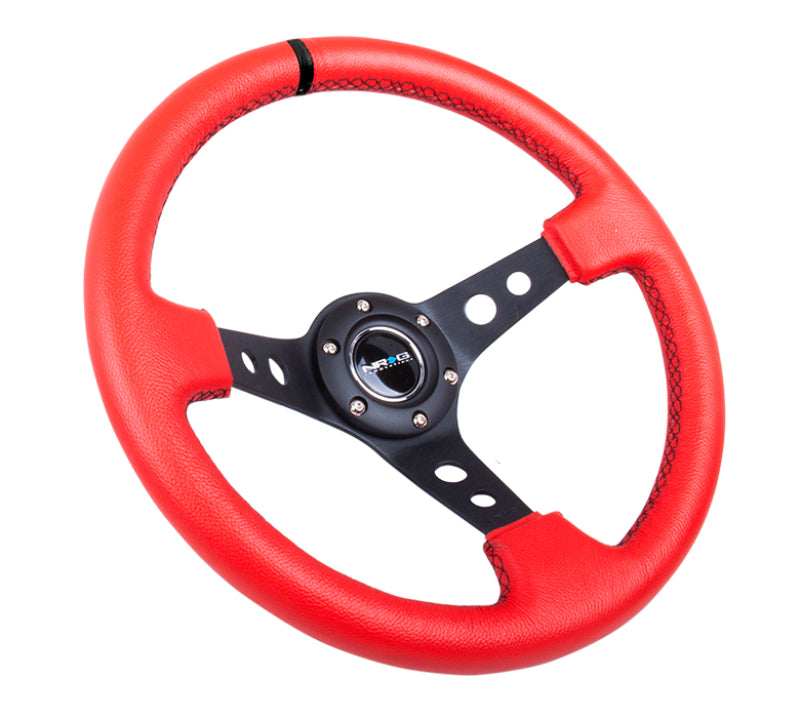 NRG Reinforced Steering Wheel (350mm / 3in. Deep) Red Suede w/Blk Circle Cutout Spokes - Blais Performance Parts