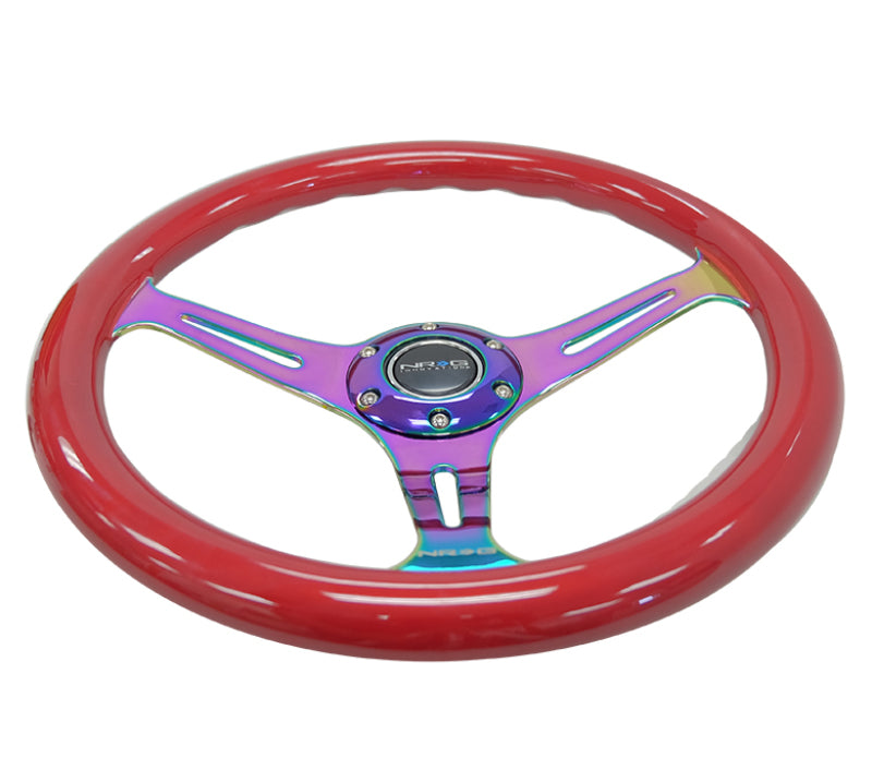 NRG Classic Wood Grain Steering Wheel (350mm) Red Grip w/Neochrome 3-Spoke Center - Blais Performance Parts