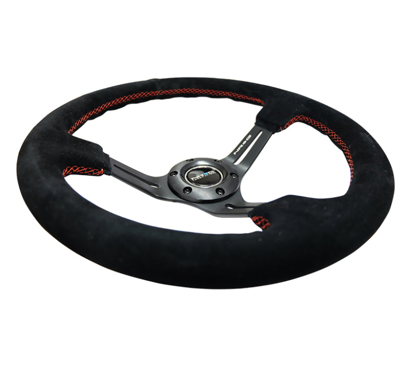 NRG Reinforced Steering Wheel (350mm / 3in. Deep) Blk Suede w/Red Stitching & 5mm Spokes w/Slits - Blais Performance Parts