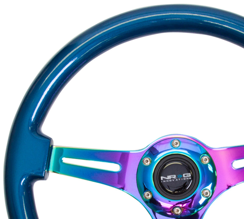 NRG Classic Wood Grain Steering Wheel (350mm) Blue Pearl/Flake Paint w/Neochrome 3-Spoke Center - Blais Performance Parts