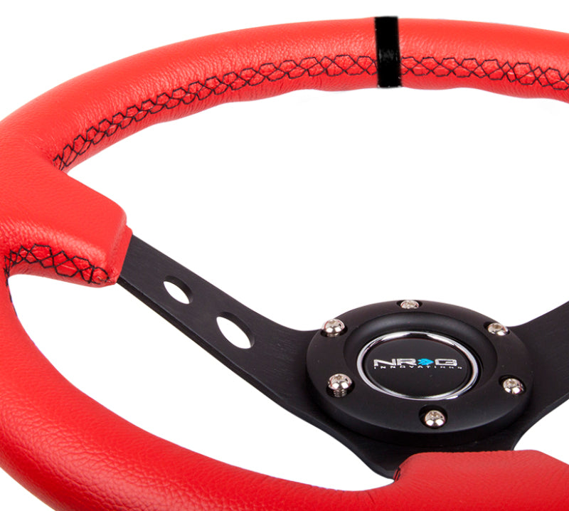 NRG Reinforced Steering Wheel (350mm / 3in. Deep) Red Suede w/Blk Circle Cutout Spokes - Blais Performance Parts