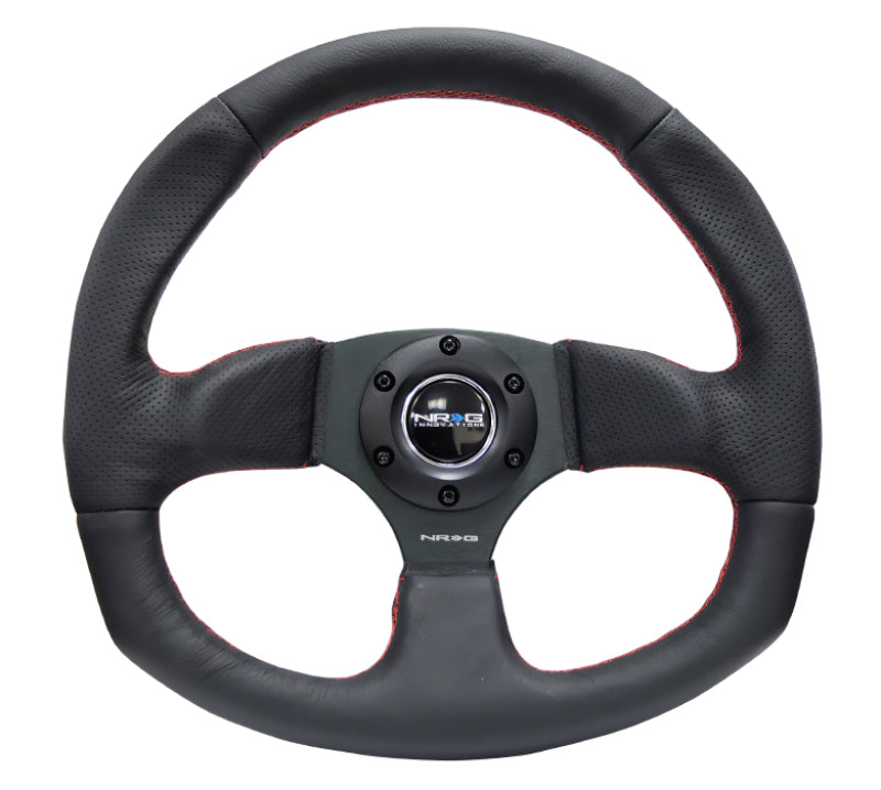 NRG Reinforced Steering Wheel (320mm Horizontal / 330mm Vertical) Leather w/Red Stitching - Blais Performance Parts