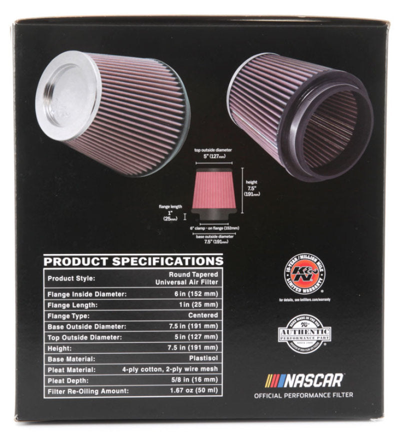 K&N Round Tapered Universal Air Filter 6 inch Flange 7 1/2 inch Base 5 inch Top 7 1/2 inch Height - Blais Performance Parts