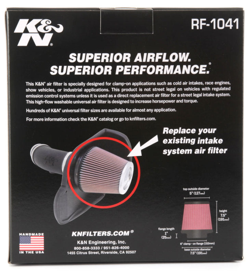 K&N Round Tapered Universal Air Filter 6 inch Flange 7 1/2 inch Base 5 inch Top 7 1/2 inch Height - Blais Performance Parts