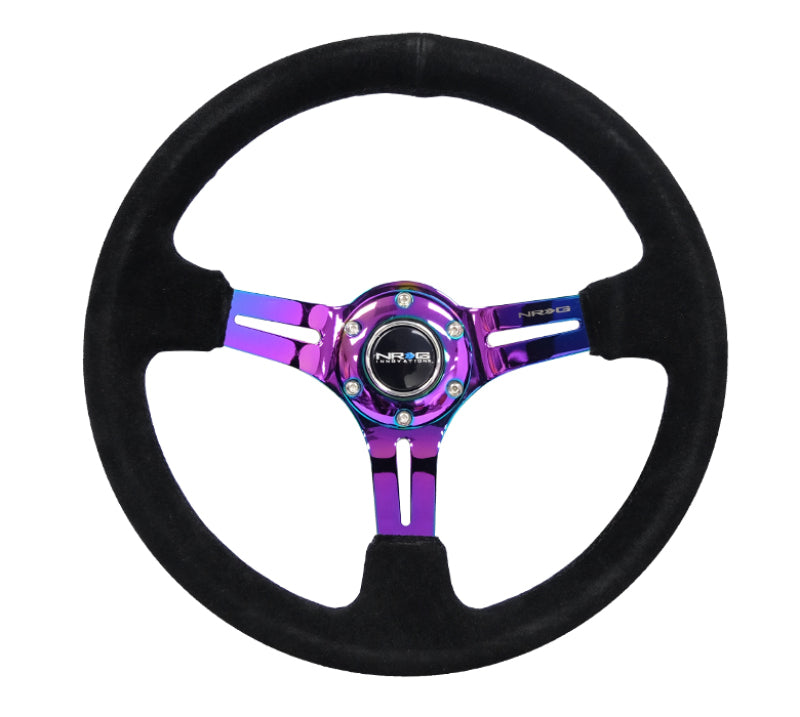 NRG Reinforced Steering Wheel (350mm / 3in. Deep) Blk Suede/Blk Stitch w/Neochrome Slits - Blais Performance Parts